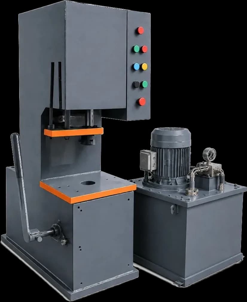 C-frame hydraulic press as built — ram, orange tables and the control column.