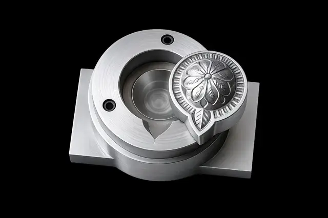 Steel die with a relief face and matching pressed blank — tooling still, not a named die in the catalogue