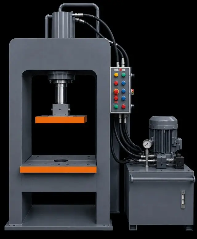 H-frame hydraulic press with orange platens and a separate power pack — series catalogue still, not a specific tonnage under load