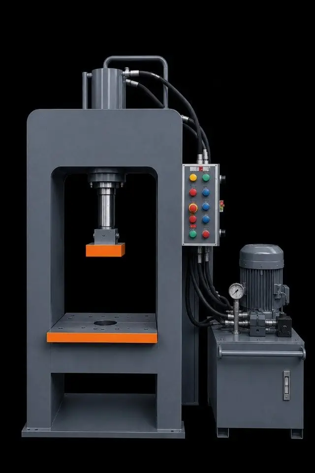 H-frame hydraulic press, three-quarter view — series catalogue still, not a specific tonnage under load