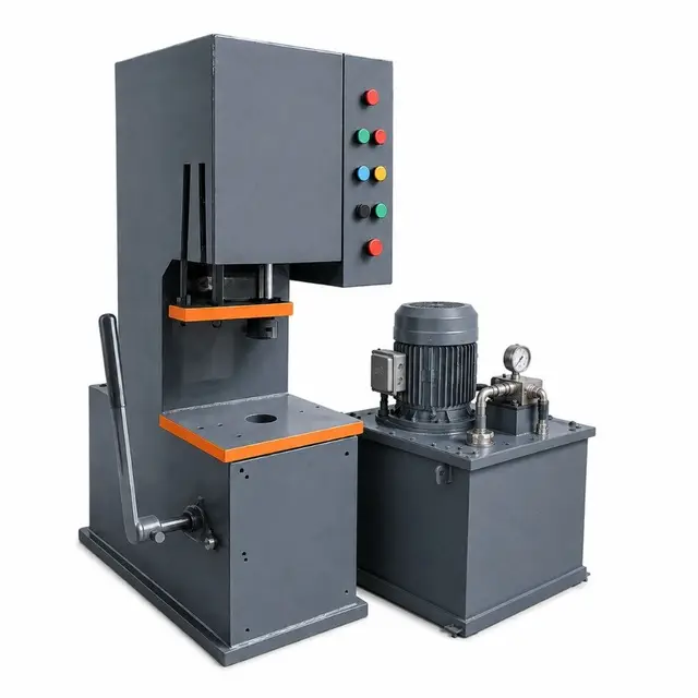C-frame hydraulic press with orange tables and control column — series catalogue still, not a specific tonnage under load