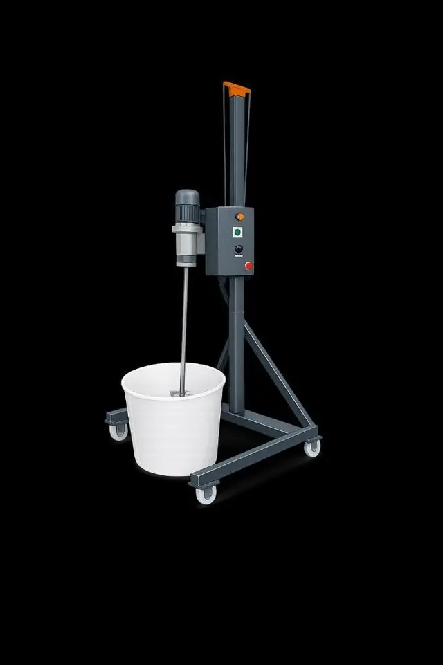 Portable blunger on casters with a mixing shaft over a bucket — studio catalogue shot; batch size is not in frame