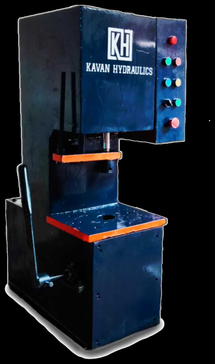 Kavan hydraulic press as built — C-frame, ram, orange tables and the control block.